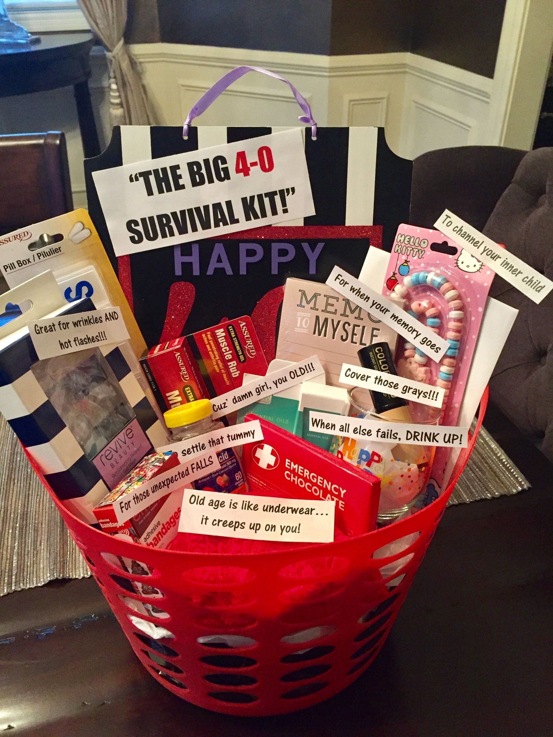 40 Year Old Birthday Gift Ideas
 40th birthday survival kit for a woman most things from