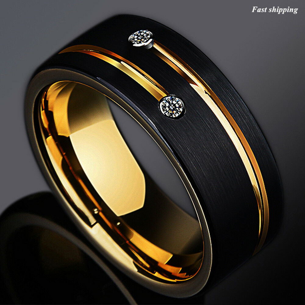 Black Mens Wedding Ring
 8mm Black Brushed Tungsten Ring Gold Grooved Line Diamond