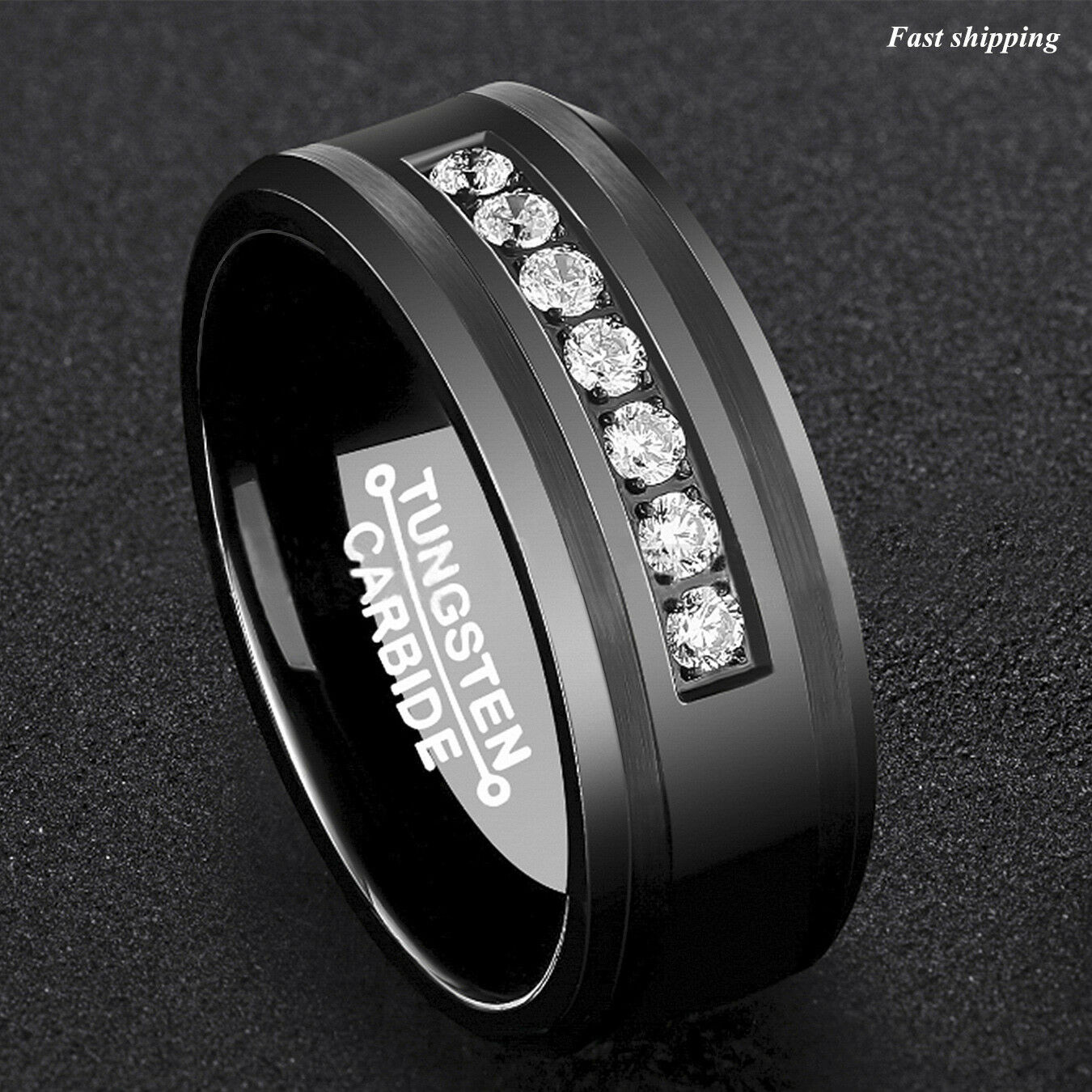 Black Mens Wedding Ring
 8Mm Black Tungsten Carbide Ring Diamonds Inlay fort Fit