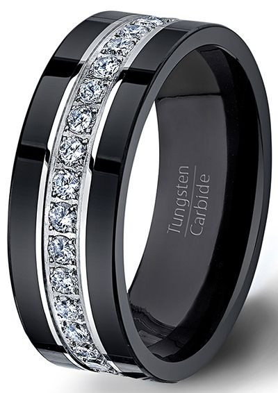 Black Mens Wedding Ring
 Black Tungsten Ring Fully Stacked With Brilliant Diamond