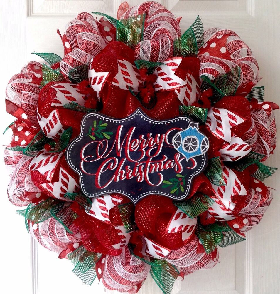DIY Mesh Christmas Wreath
 Merry Christmas Candy Cane Striped Wreath Handmade Deco