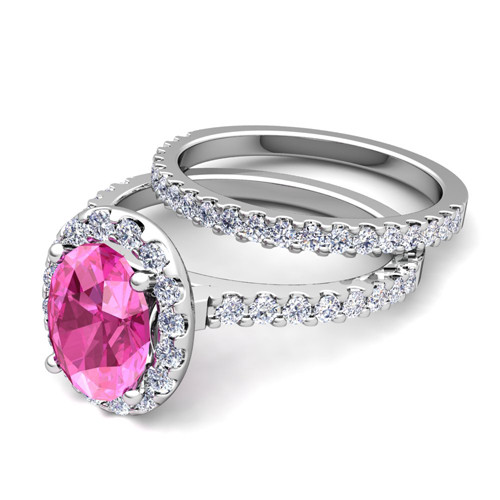 Gemstone Bridal Sets
 Halo Bridal Set Pink Sapphire Engagement Wedding Ring 18k