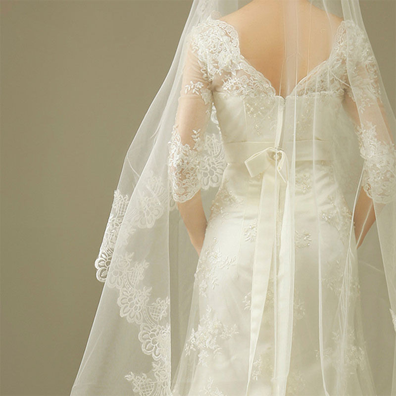 Ivory Veils Wedding
 1T White Ivory Elegant Lace Edge Bridal wedding dress