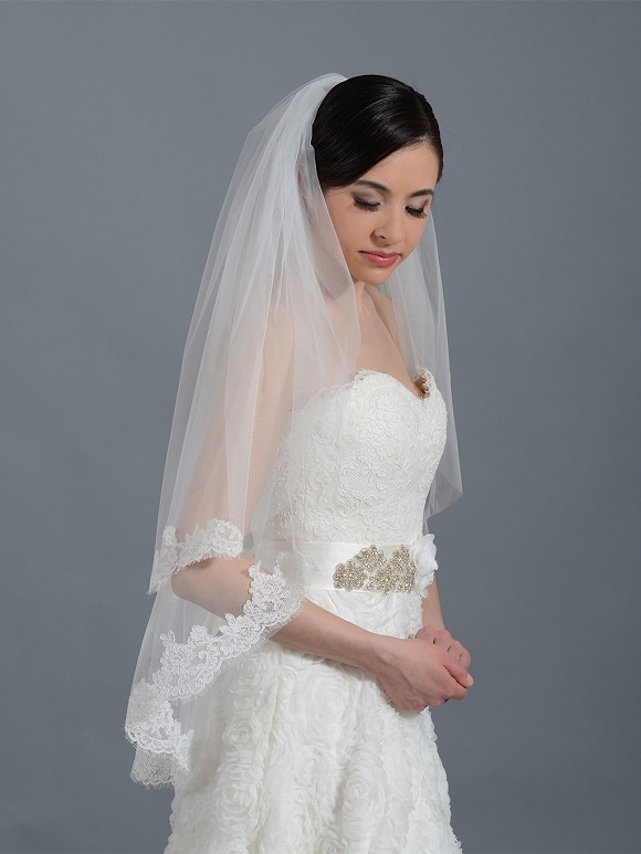 Ivory Veils Wedding
 2 tier ivory elbow alencon lace wedding veil V042