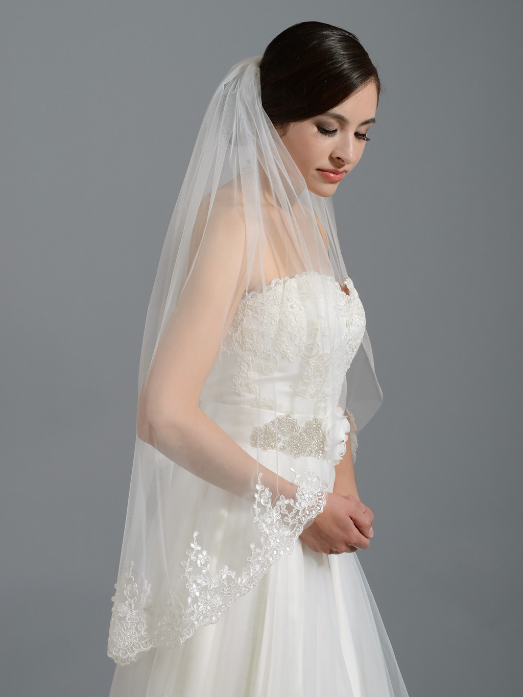 Ivory Veils Wedding
 Ivory elbow alencon lace wedding veil V037n