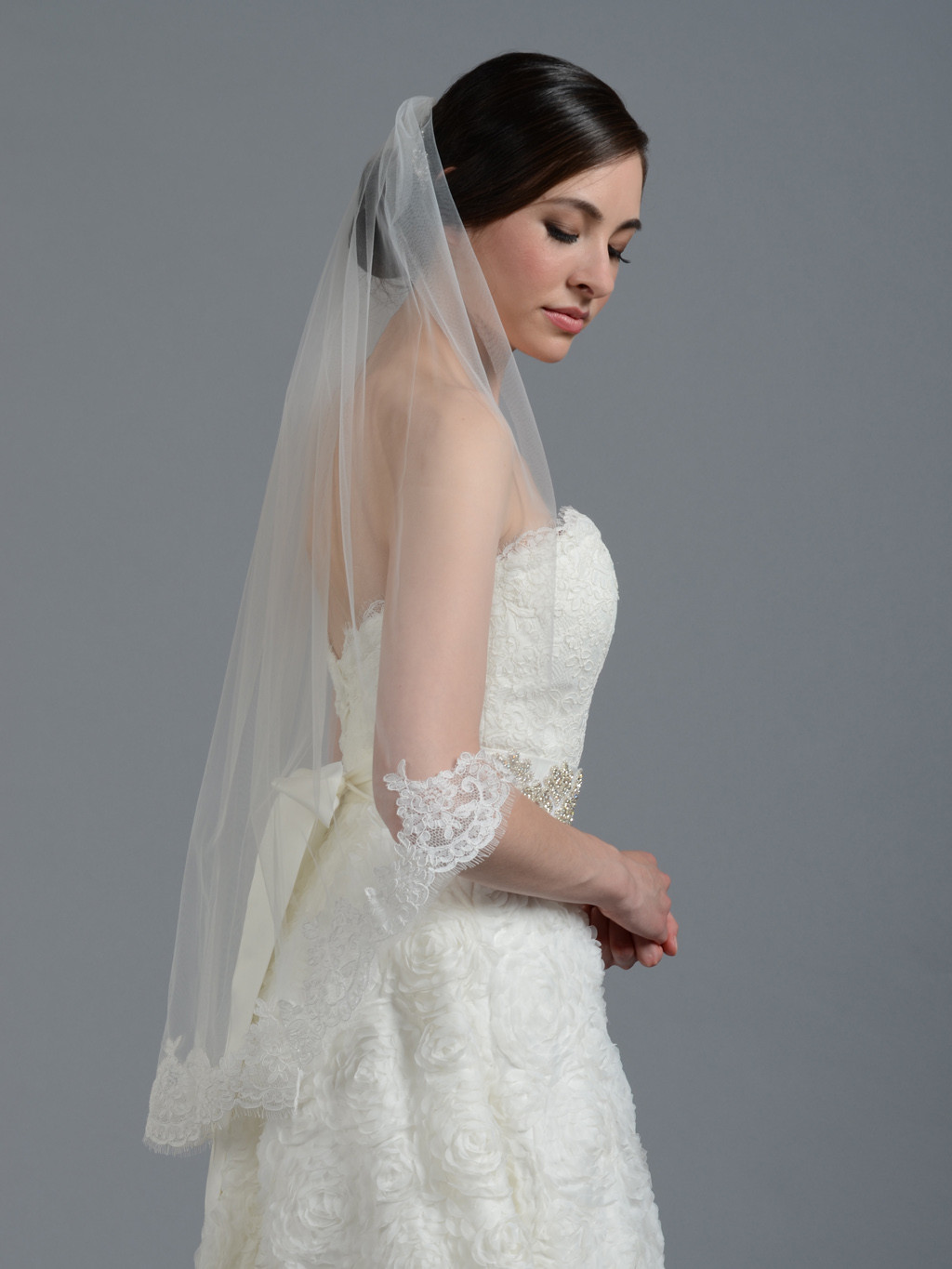 Ivory Veils Wedding
 Ivory elbow alencon lace wedding veil V043