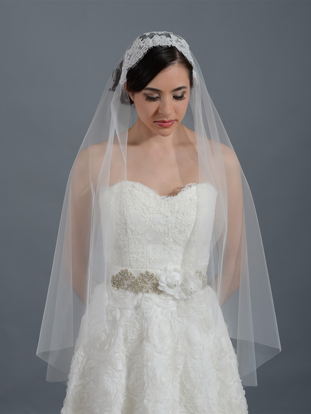 Ivory Veils Wedding
 Ivory elbow wedding veil with alencon lace V053