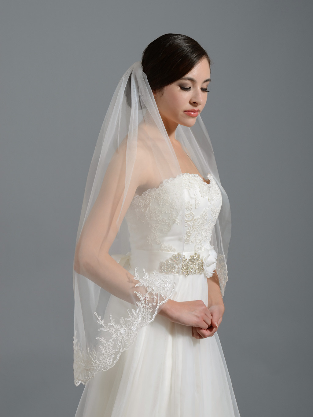 Ivory Veils Wedding
 Ivory elbow alencon lace wedding veil V037