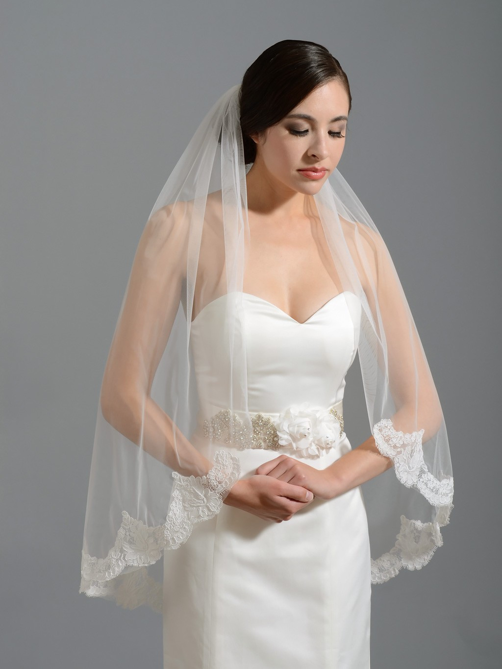 Ivory Veils Wedding
 Ivory elbow alencon lace wedding veil V049