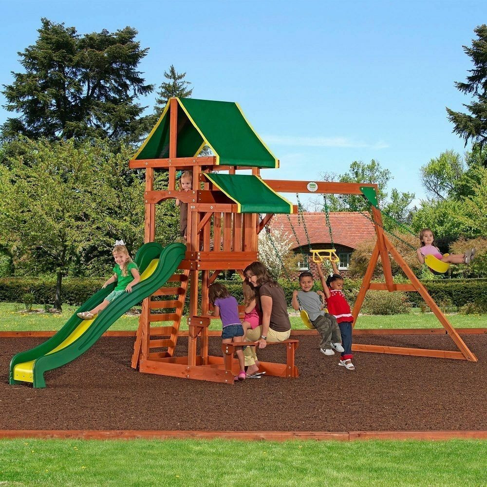 Kids Play Swing
 Outdoor Playground Playset Wooden Swing Set Slide Backyard