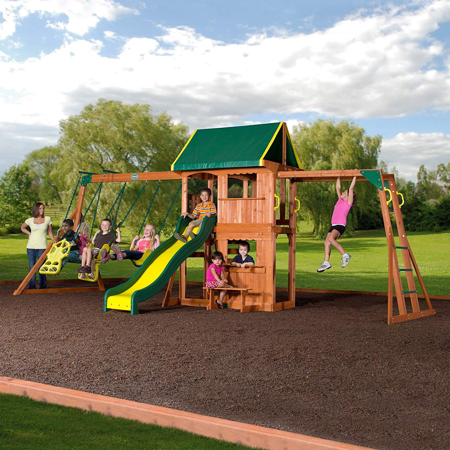 Kids Play Swing
 Outdoor Cedar Wooden Swing Set Kids Play Center Slide