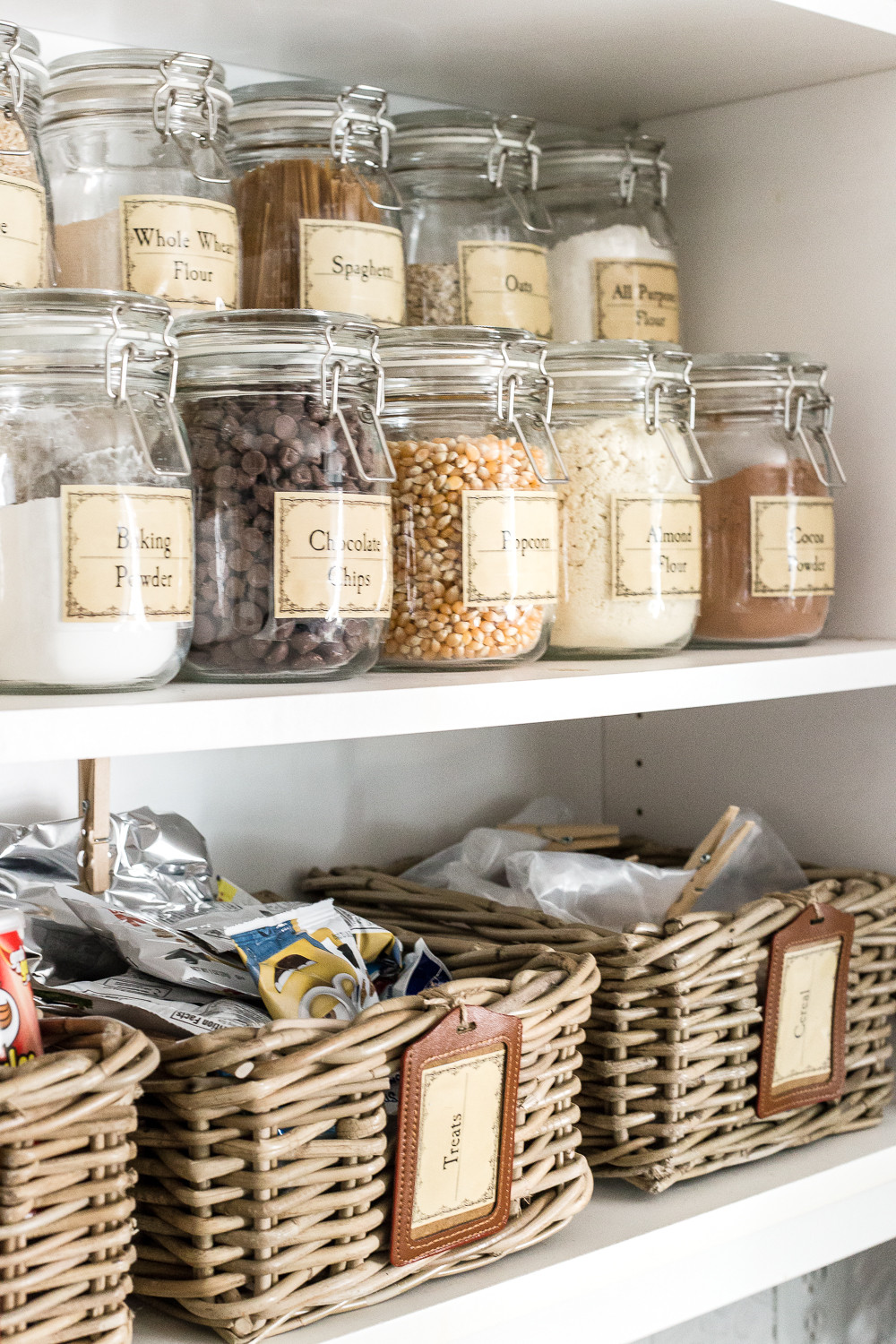 Kitchen Storage Baskets
 Pantry Cabinet Organization and Printable Labels Bless
