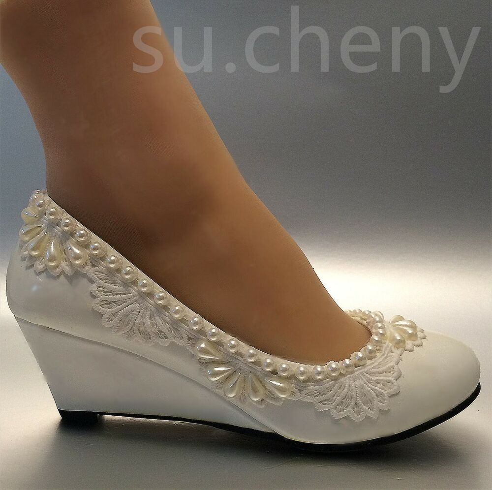 Lace Wedge Wedding Shoes
 2” heel wedges lace white light ivory pearl Wedding shoes