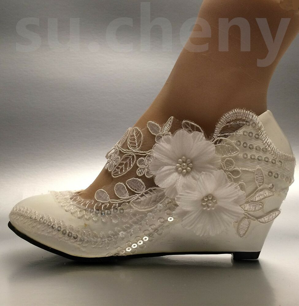 Lace Wedge Wedding Shoes
 Lace white ivory crystal sequin daisy Wedding shoes Bride