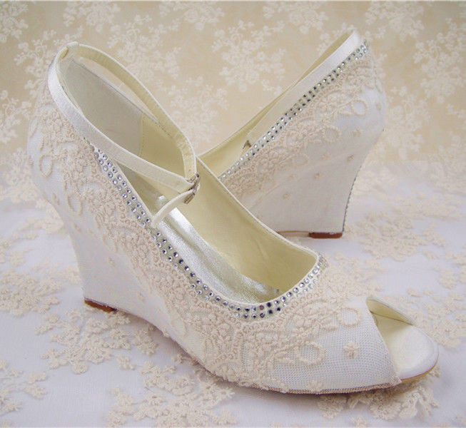Lace Wedge Wedding Shoes
 Vitntage Wedding Shoes Wedge Ankle Strap Rhinestone Heel