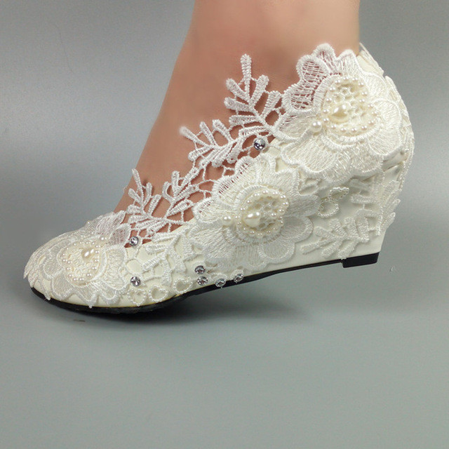 Lace Wedge Wedding Shoes
 New arrival white Big flower Lace wedding shoes Wedges