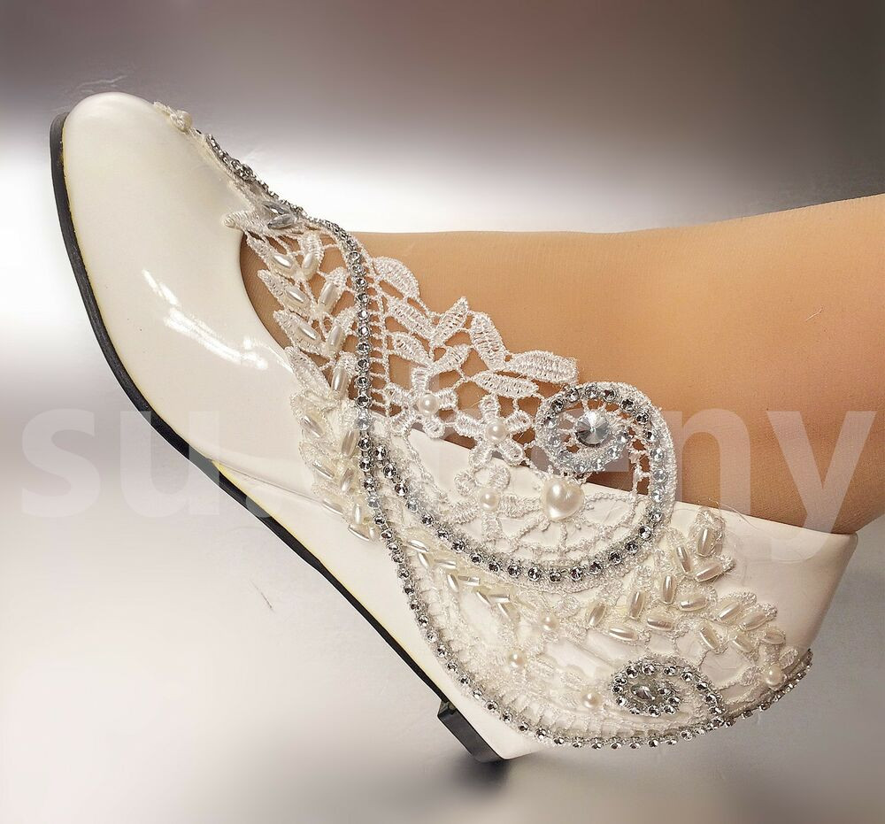 Lace Wedge Wedding Shoes
 2” 3“ White ivory wedges pearls lace crystal Wedding shoes