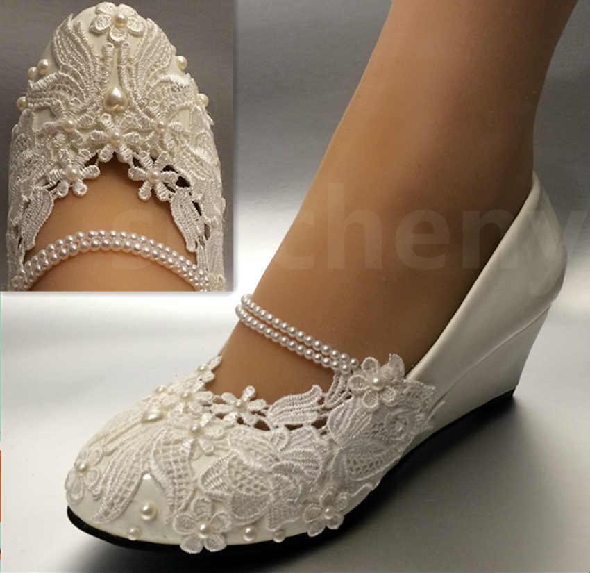 Lace Wedge Wedding Shoes
 White light ivory lace Wedding shoes flat low high heel