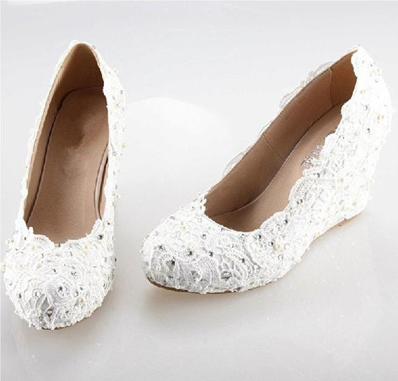 Lace Wedge Wedding Shoes
 2014 white Iory lace wedge handmade lace bridal by