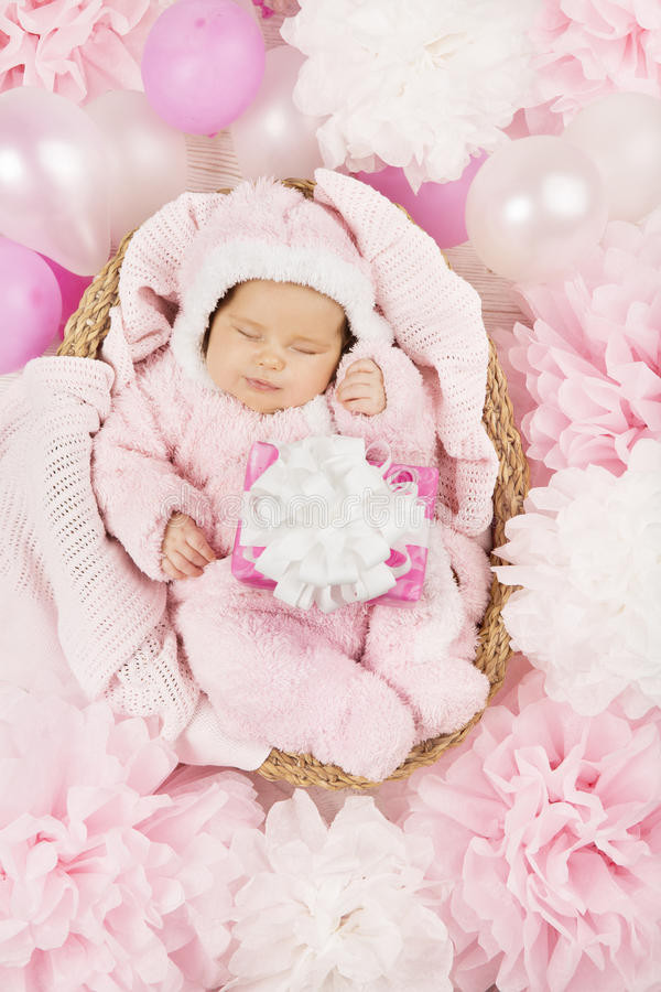 New Born Baby Girl Gifts
 Baby Girl With Gift Sleeping Newborn Child Birthday Stock