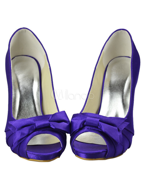 Purple Satin Wedding Shoes
 Purple Pleated Peep Toe Bow Satin Bridal Wedding Shoes