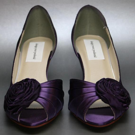 Purple Satin Wedding Shoes
 Eggplant Wedding Shoes Eggplant Kitten by DesignYourPedestal