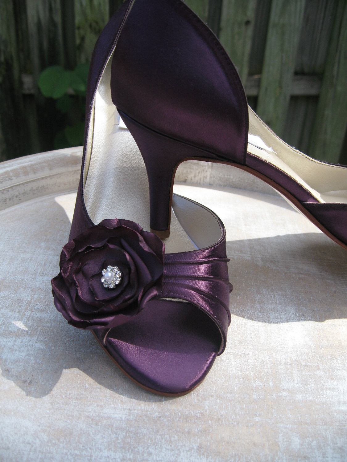 Purple Satin Wedding Shoes
 Purple Eggplant Bridal Shoes with Satin Flower Design Over