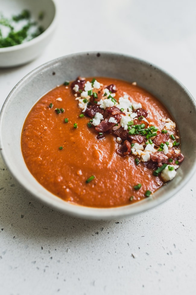Roasted Red Pepper Tomato Soup
 Tomato and Chargrilled Pepper Soup with feta and bacon