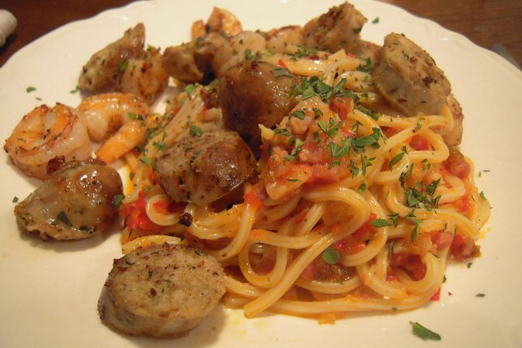 Sausage And Shrimp Pasta
 Pasta with Red Pepper Sauce Sausage and Shrimp Recipe on