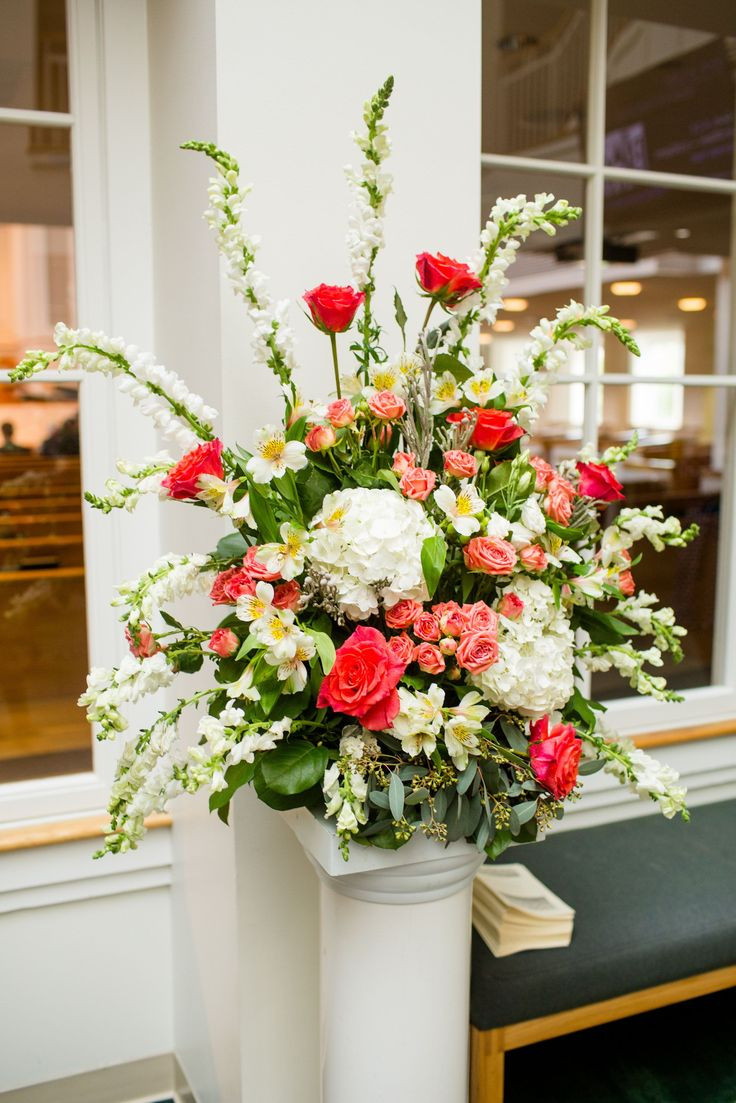 Wedding Flowers For Church
 Church Alter arrangement of coral roses white hydrangeas