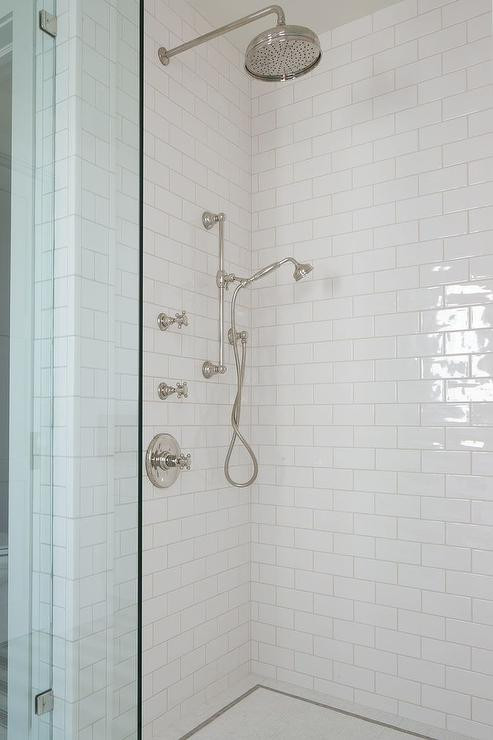 White Tile Bathroom Shower
 Shower with White Subway Tiles and Glass Shower Partition