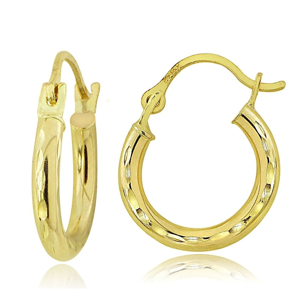 14k Hoop Earrings
 14k Gold 2mm Round Small Diamond Cut Hoop Earrings 12mm