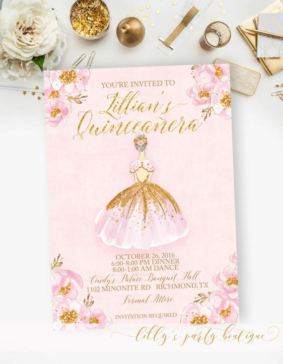 15 Birthday Invitations
 Quinceañera Sweet 15 Fifteen Birthday Pink and Gold