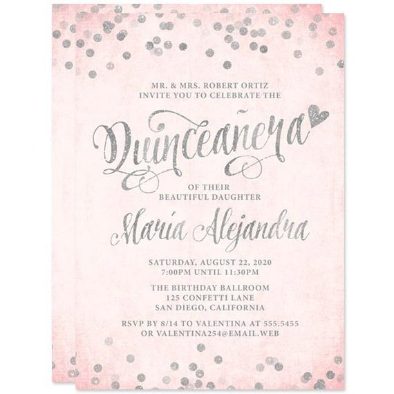 15 Birthday Invitations
 Quinceañera Invitations Blush Pink & Silver Confetti DIY