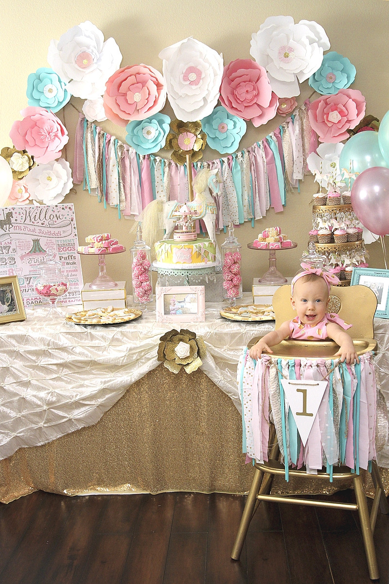 1st Birthday Decorations For Girl
 A Pink & Gold Carousel 1st Birthday Party Party Ideas