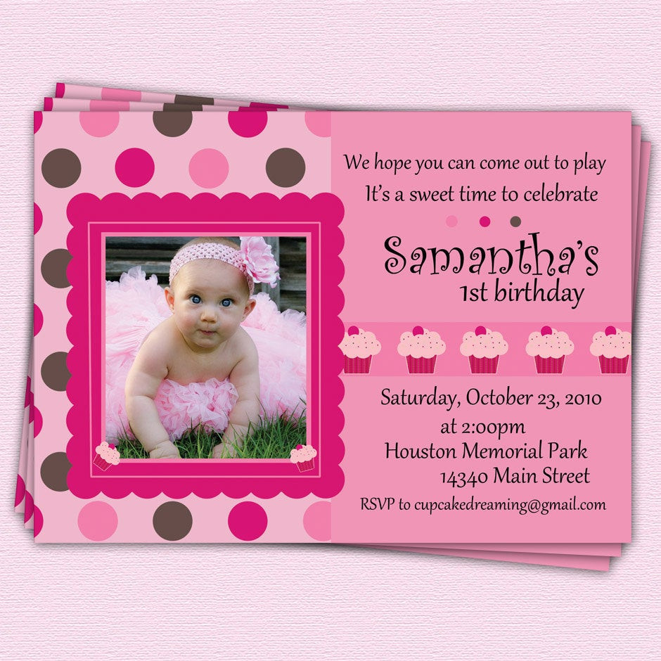 1st Birthday Invitations Girl
 First Birthday Invitations Cupcake Girl Polka Dot by