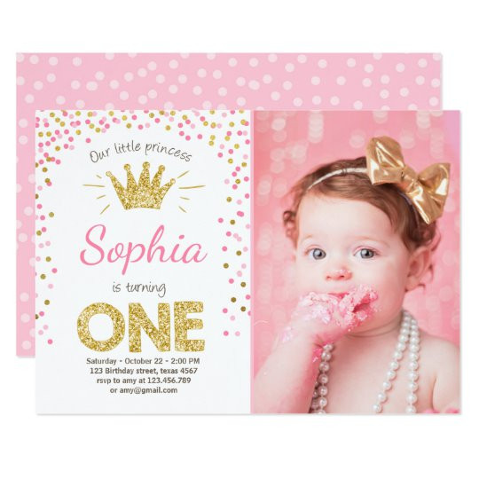 1st Birthday Invitations Girl
 First birthday invitation Princess Gold Pink