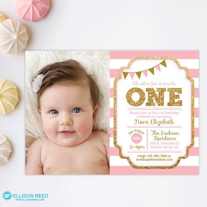 1st Birthday Invitations Girl
 Pink and Gold invitation 1st Birthday Invitation Girl