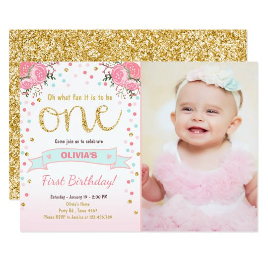 1st Birthday Invitations Girl
 Floral First birthday invite Girl Pink Gold Roses