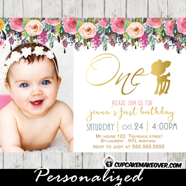 1st Birthday Invitations Girl
 Willow Deer First Birthday Invitation Floral Gold