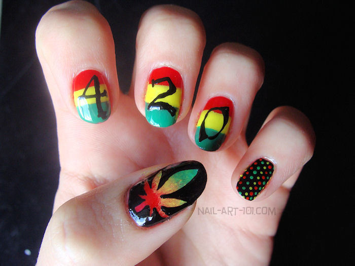 420 Nail Designs
 A friend of mine begged me to do themed 420 nails
