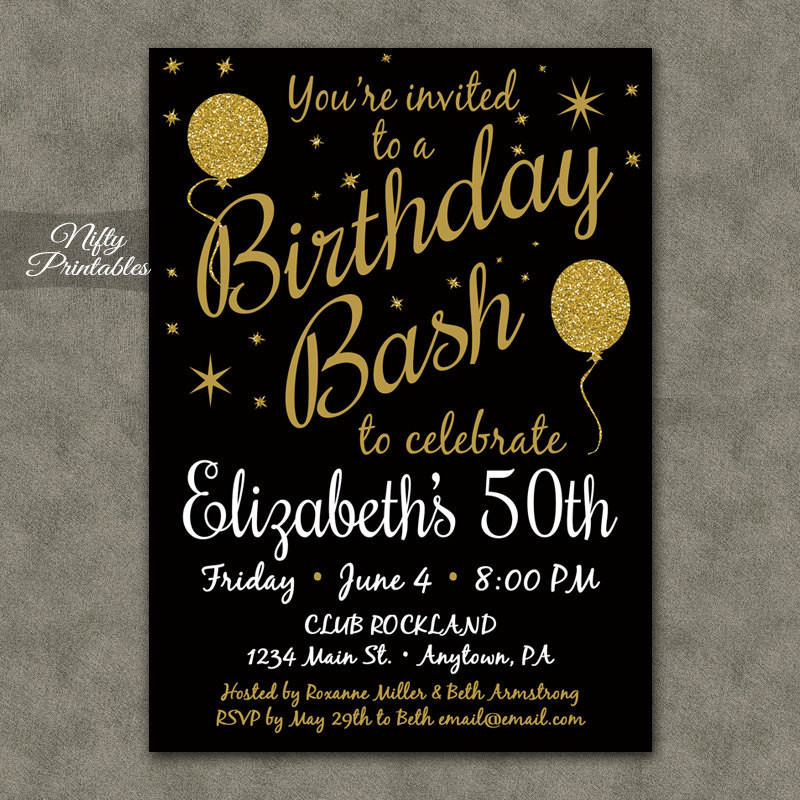 50th Birthday Invitation Template
 50th Birthday Invitation Printable 50 Black Gold Glitter