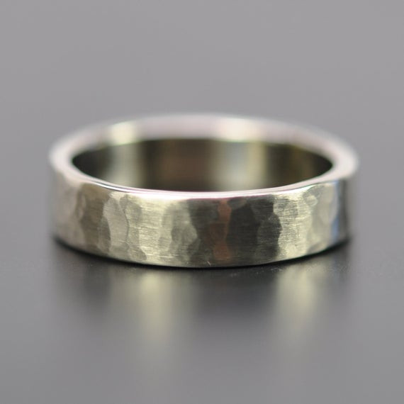 5mm Mens Wedding Band
 Men s 5mm White Gold Hammered Wedding Band 14K by