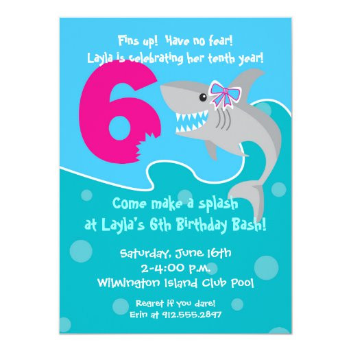 6th Birthday Invitation Wording
 Girl Shark Bite Invite 6th Birthday Party 5 5x7 5 Paper