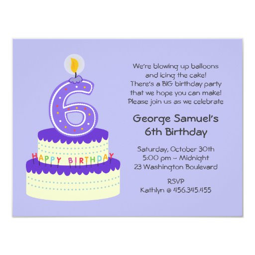 6th Birthday Invitation Wording
 6th Lavender Birthday Cake Invitation