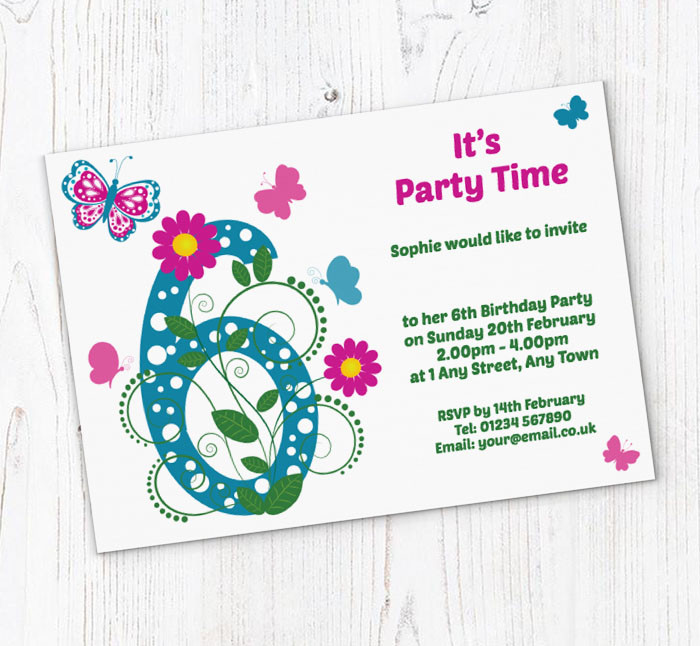 6th Birthday Invitation Wording
 Butterfly 6th Birthday Party Invitations