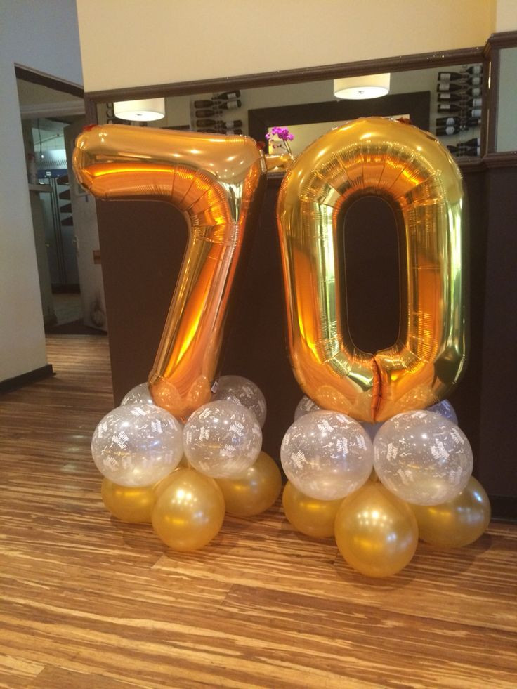 70 Birthday Party
 70th Birthday balloons in gold and clear happy birthday