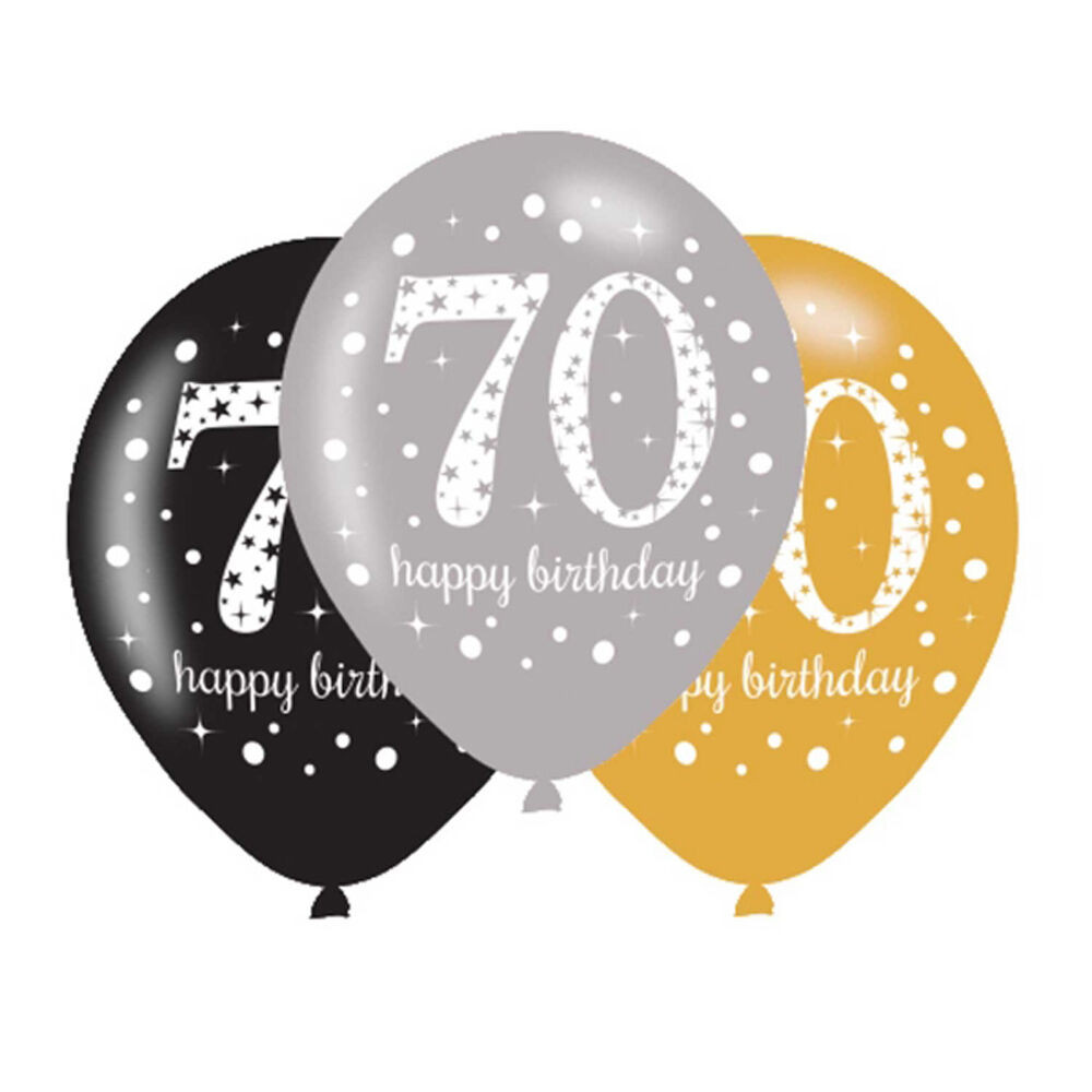 70 Birthday Party
 6 x 70th Birthday Balloons Black Silver Gold Party