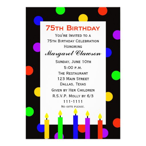 75th Birthday Party Invitations
 75th Birthday Party Invitation Candles and Dots 5" X 7