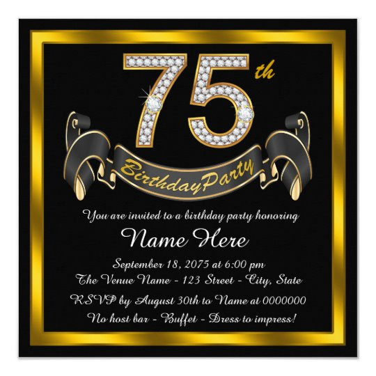 75th Birthday Party Invitations
 Gold Diamond 75th Birthday Party Invitation